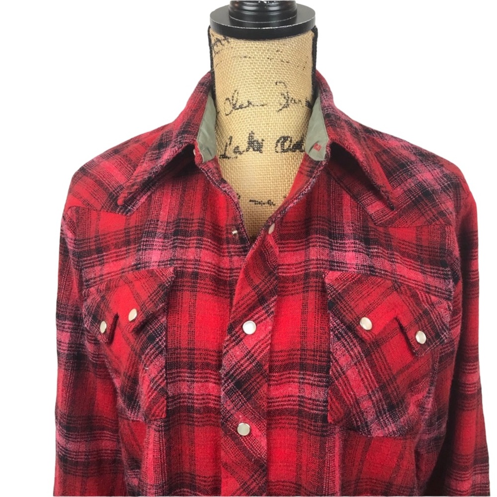 Vintage H Bar C Wool Plaid Western Shirt Snap Front Red